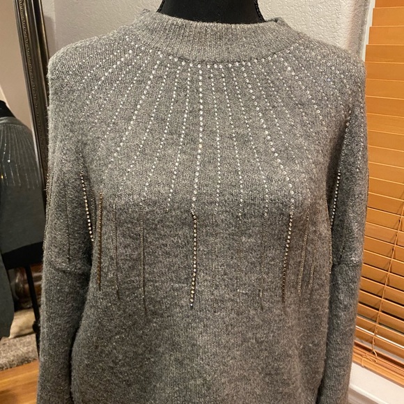 ZARA Ladies Embellished Hi-Neck Gray Sweater - Picture 4 of 5
